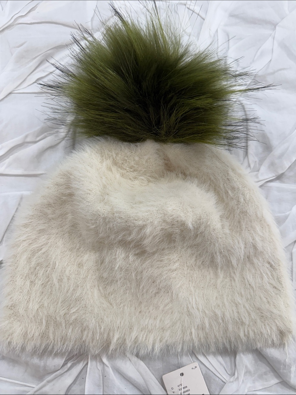 NWT Anthropologie Cream Faux Fur Beanie with Olive Pom